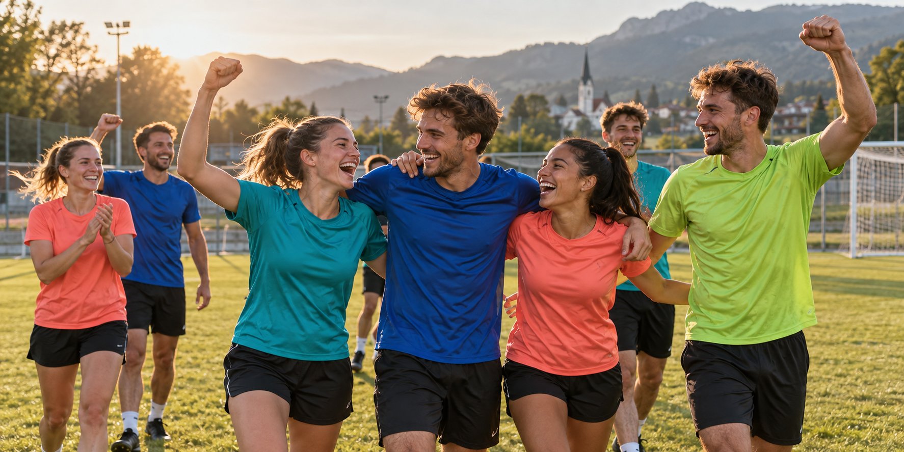 Ein Team feiert gemeinsam auf dem Sportplatz